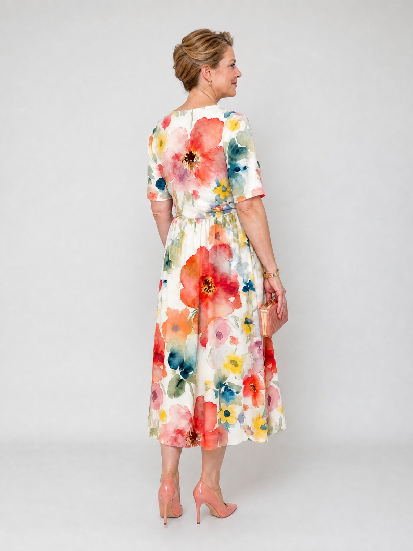 Corinne | Robe Midi à Imprimé Floral à Manches Courtes et Col V