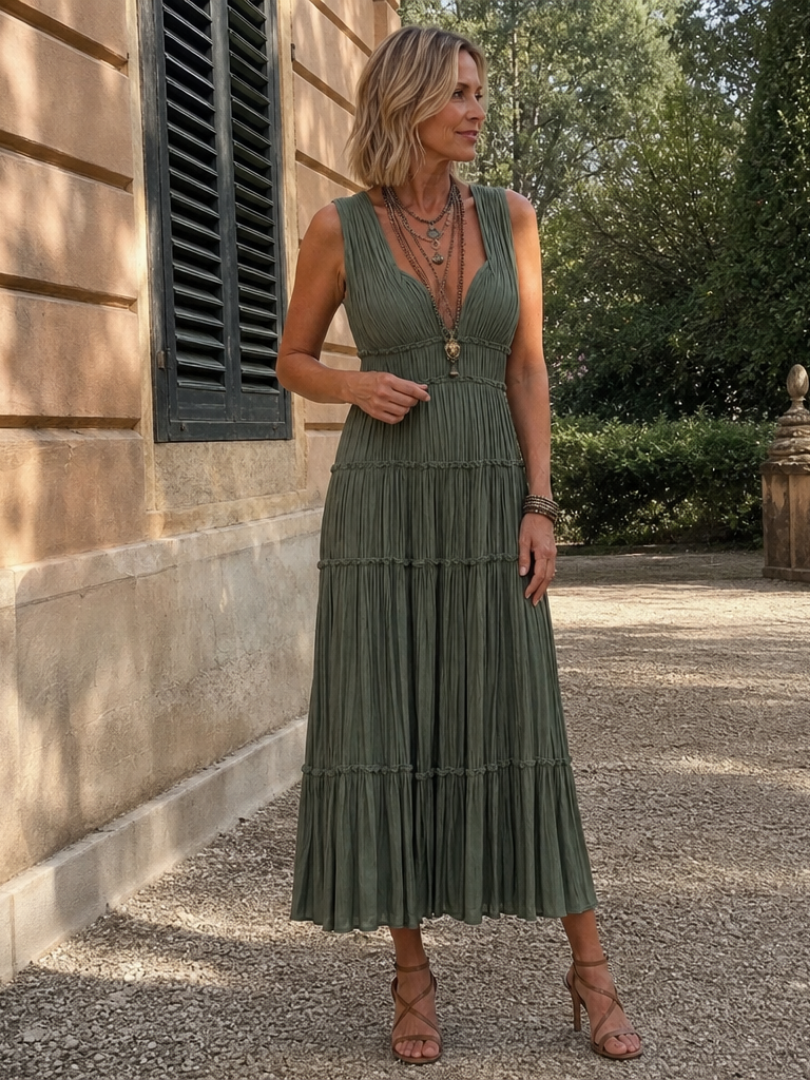 Somala | Robe Midi Plissée Sans Manches à Encolure en V Tiered