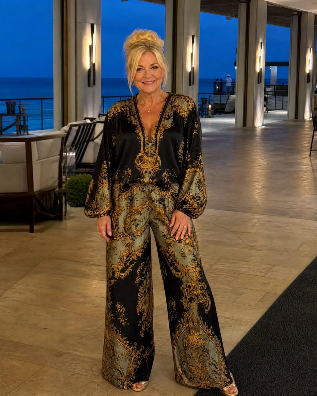 Valoria | Ensemble Blouse Imprimé Baroque et Pantalon Large