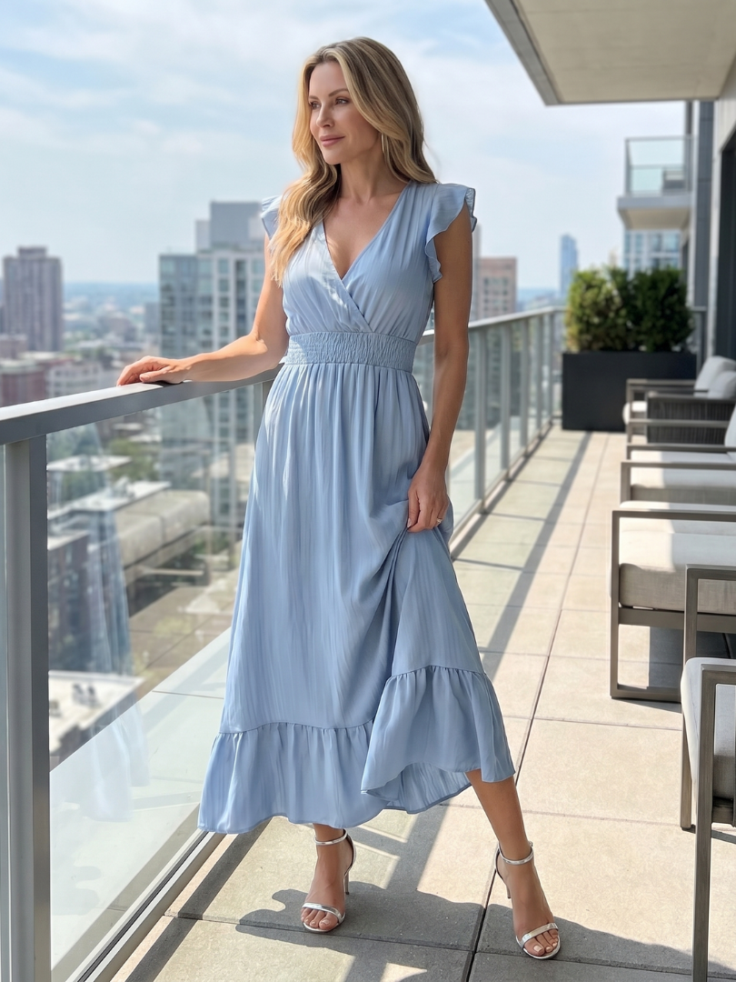 Clou | Robe Midi à Manches Volantes et Taille Smockée