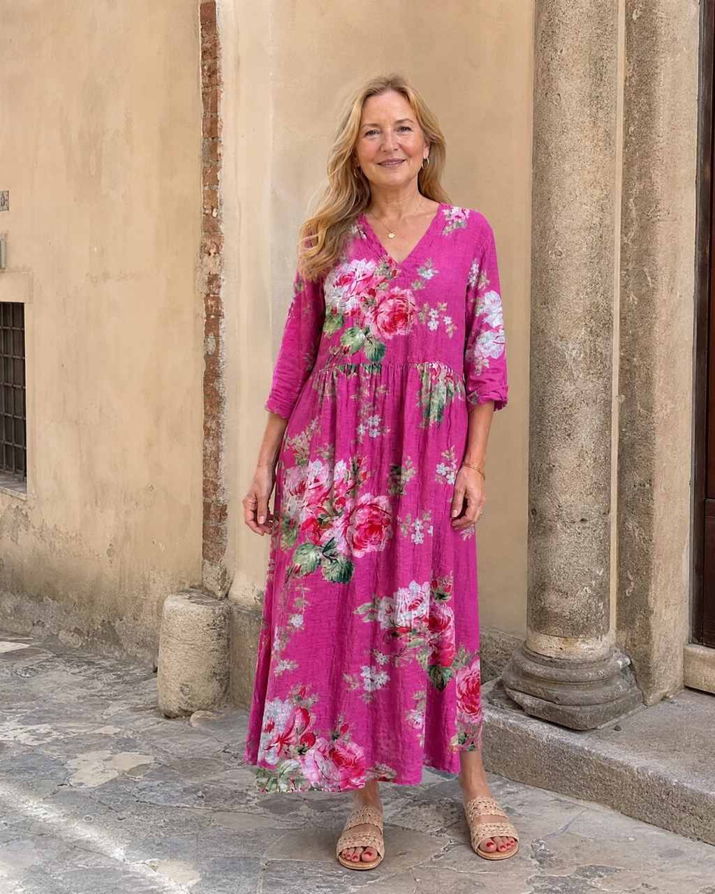 Rosavelle | Robe Midi à Taille Rassemblée Imprimé Rose Vintage