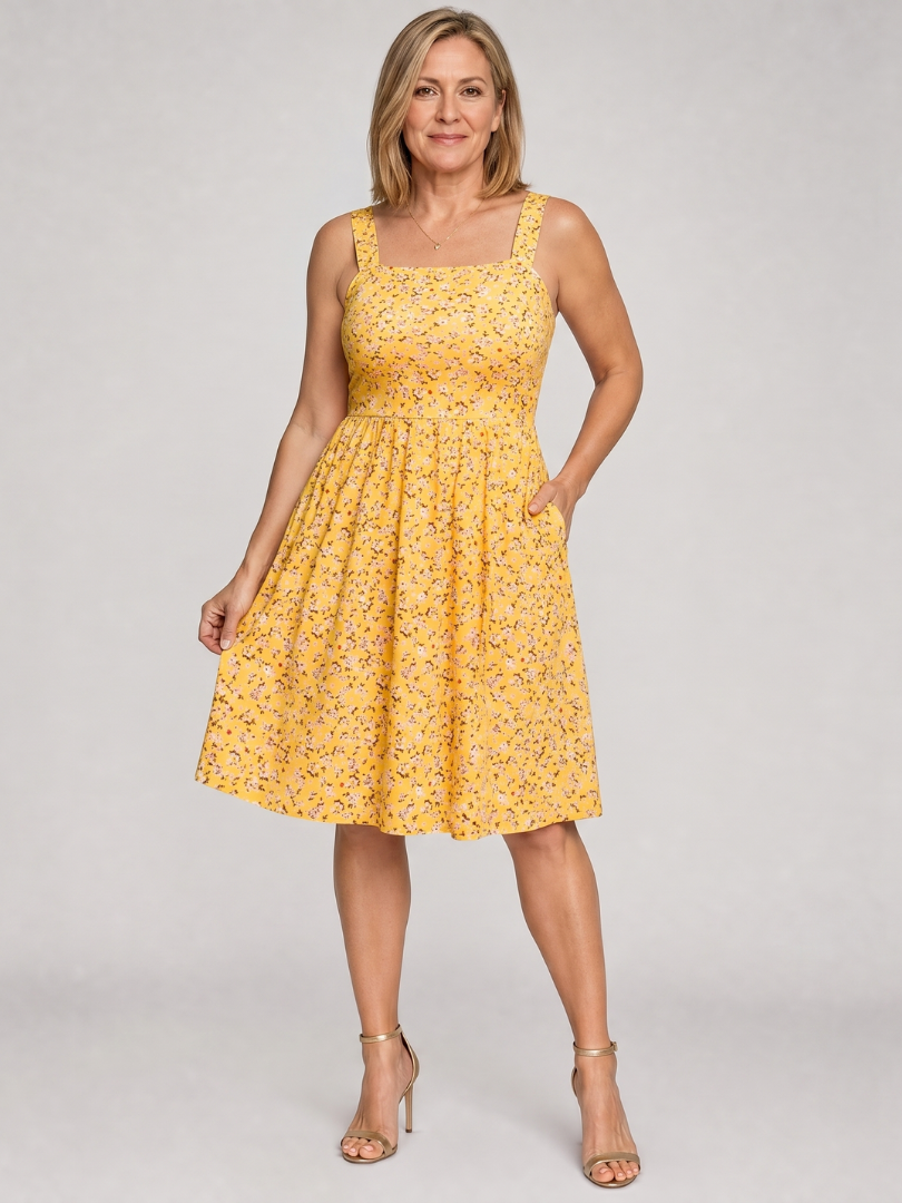 Leneva | Robe à encolure carrée avec imprimé floral, longueur genou