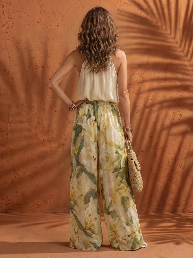 Solange | Ensemble Blouse à Col Halter et Pantalon Large Floral