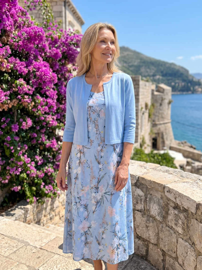 Celeste | Robe midi sans manches à imprimé floral avec veste courte