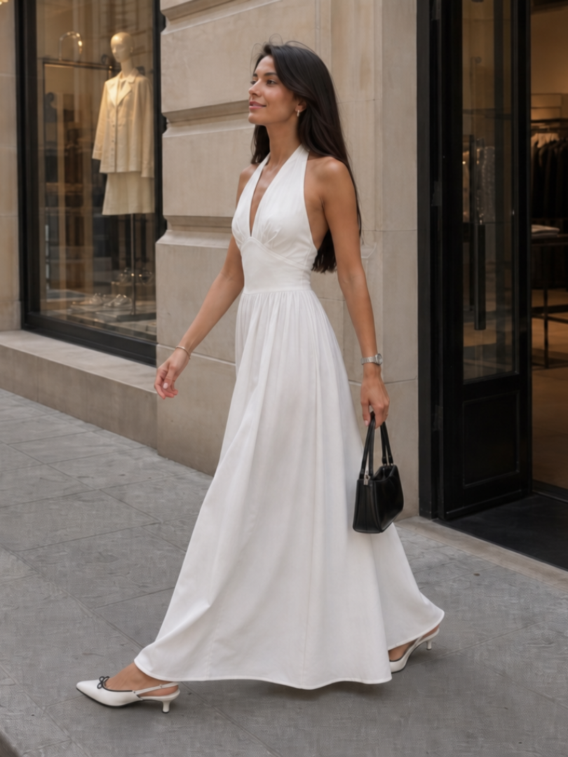 Jeven | Robe midi à bretelles halter et corsage ajusté