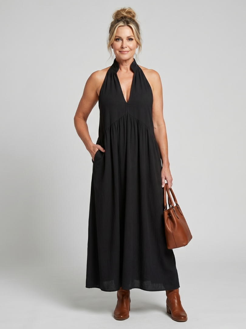 Adelina | Robe Midi Silhouette Fluide à Col Halter