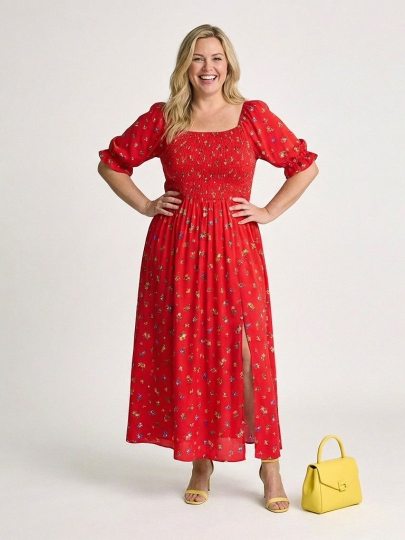 Delphine | Robe Midi à Encolure Carrée et Manches Bouffantes Florales