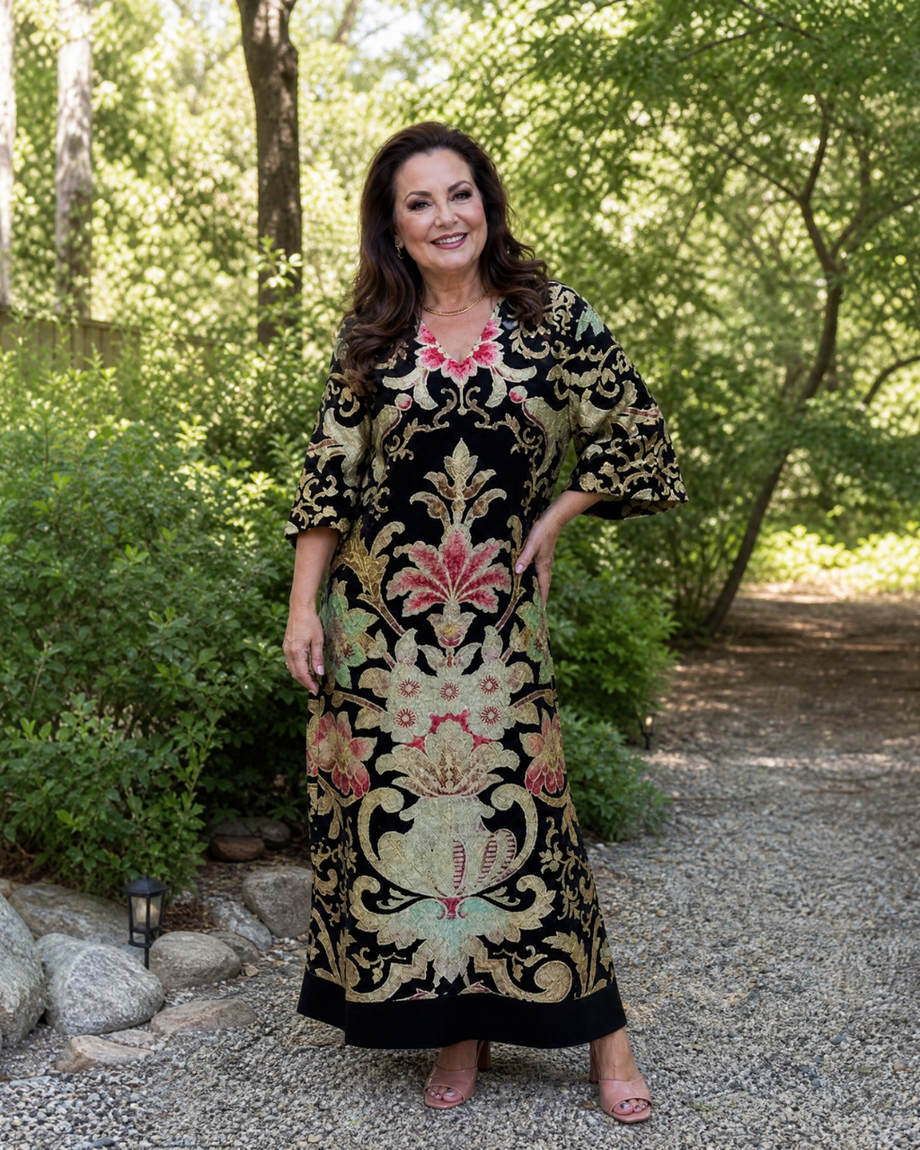 Thymera | Robe midi à détail de poche avec motif vintage vif