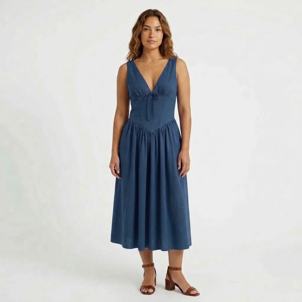 Robe Midi Femme Élégante Col V Taille Cintrée