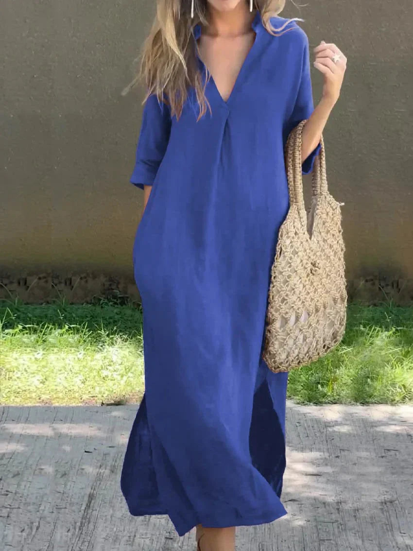 Robe femme unie avec décolleté en V, poche et décolleté en V