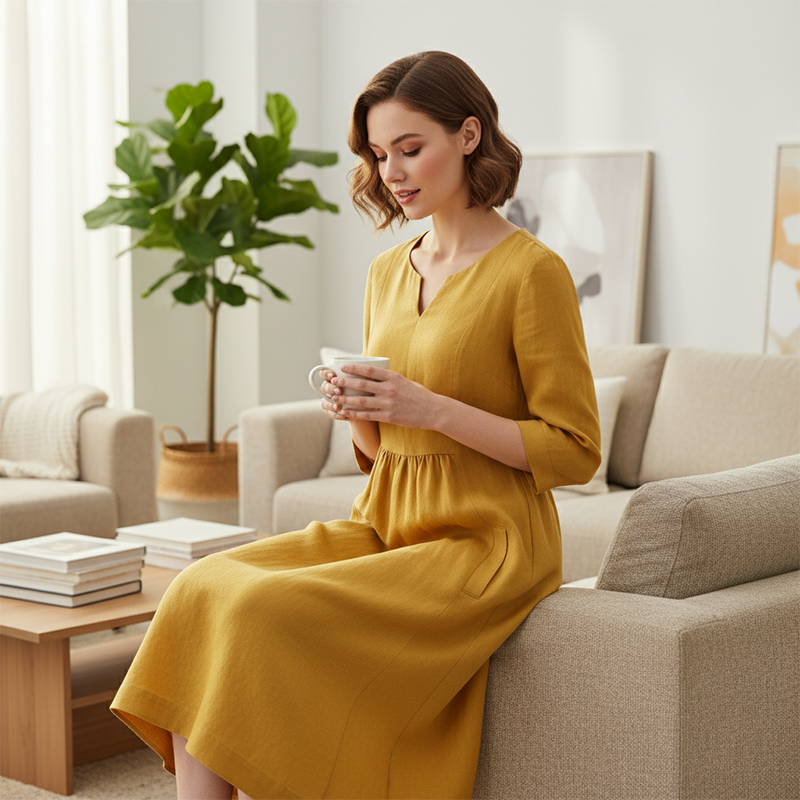 Robe décontractée à décolleté en V pour femmes avec manches 3/4 et poches