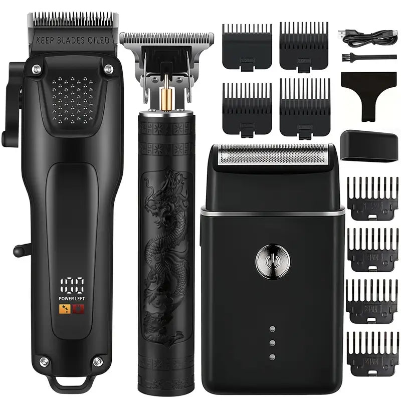 GroomMaster - Set de Soins Professionnels pour Cheveux et Barbe pour Hommes en 3 Pièces, Tondeuses Sans Fil avec Écran LED, Rechargeable par USB