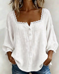 Blouse en Dentelle à Manches Bouffantes avec Encolure Carrée