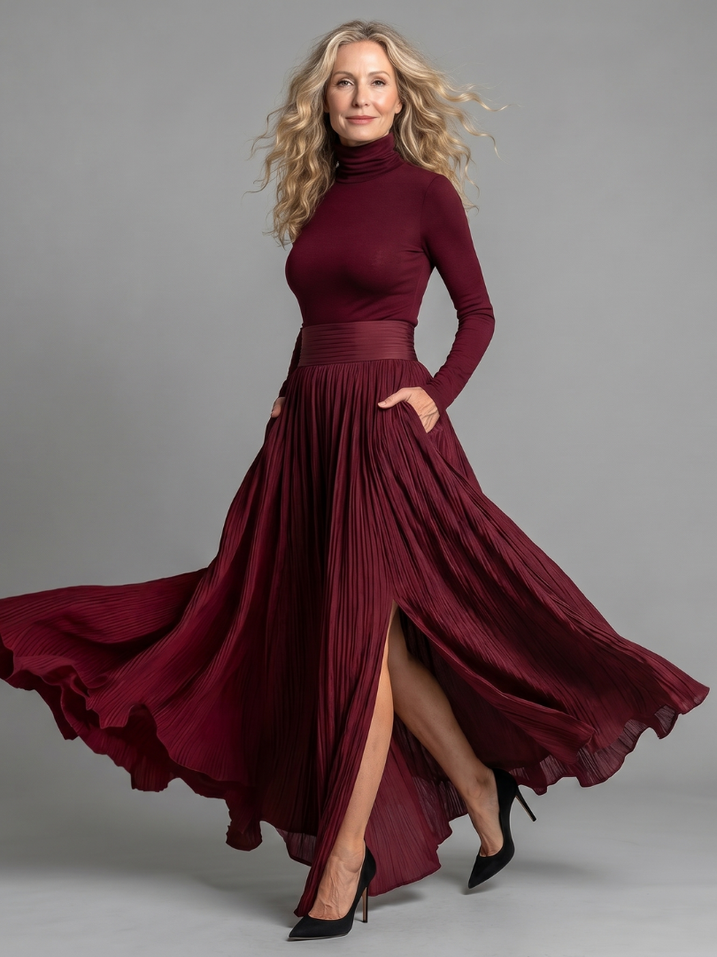 Lana | Robe midi à manches longues et col roulé avec taille définie