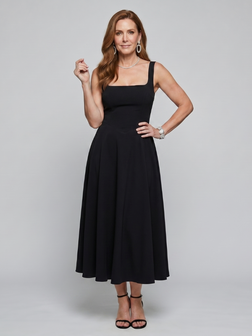 Pallas | Robe midi à bretelles carrées et jupe évasée