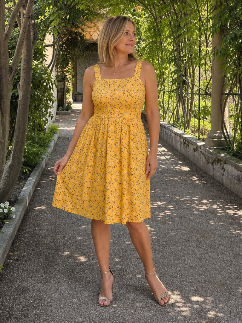 Leneva | Robe à encolure carrée avec imprimé floral, longueur genou