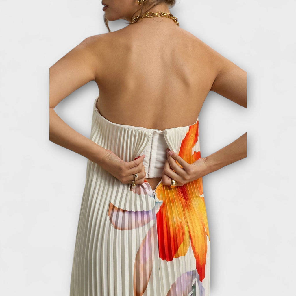 Robe Longue Bustier Plissée avec Corset et Imprimé Floral