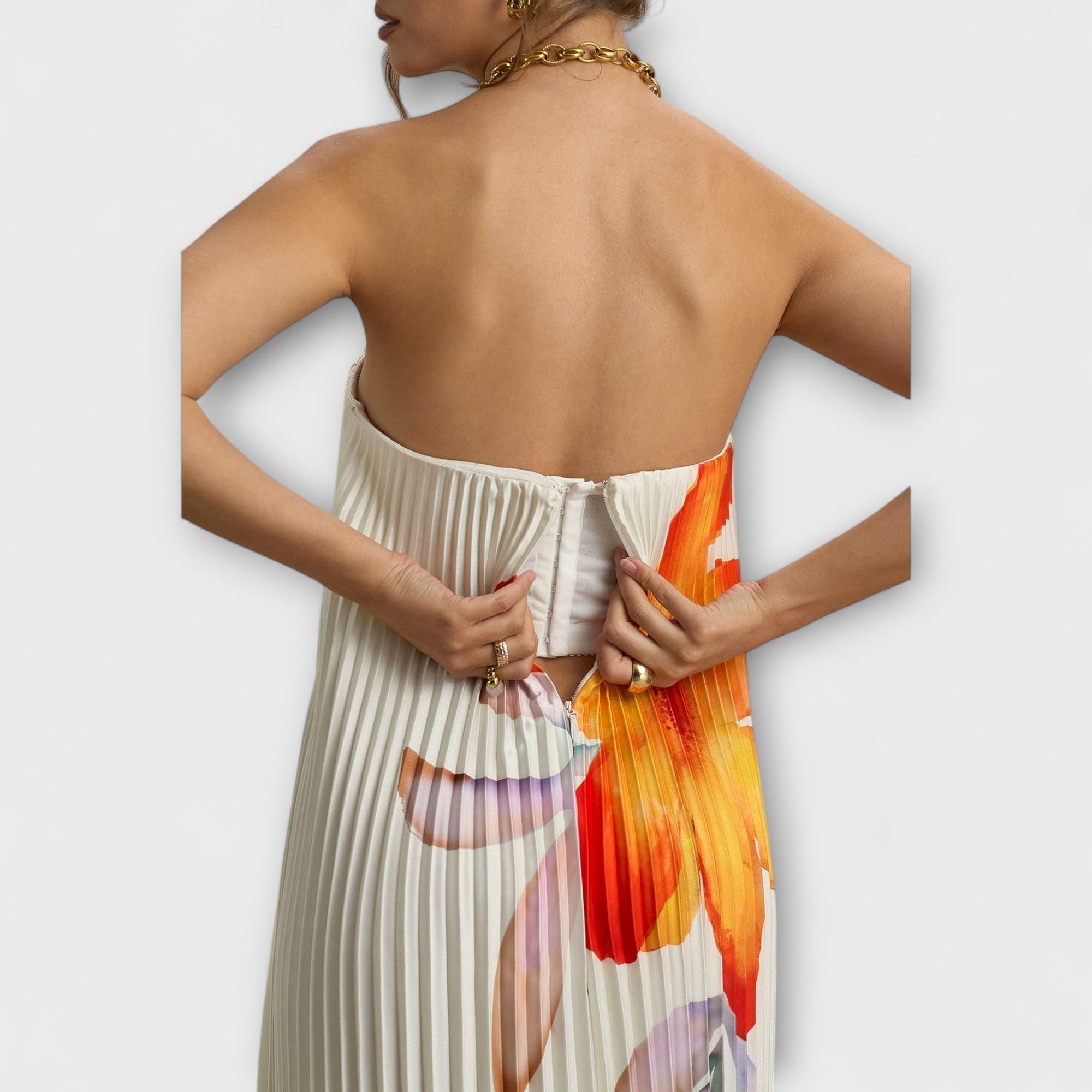 Robe Longue Bustier Plissée avec Corset et Imprimé Floral