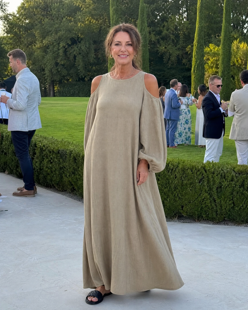 Sylphine | Robe Maxi Décontractée à Épaules Dénudées et Manches Bouffantes
