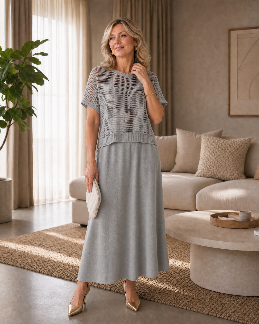 Sorella | Ensemble Top en Maille Aérée et Robe Midi Fluide