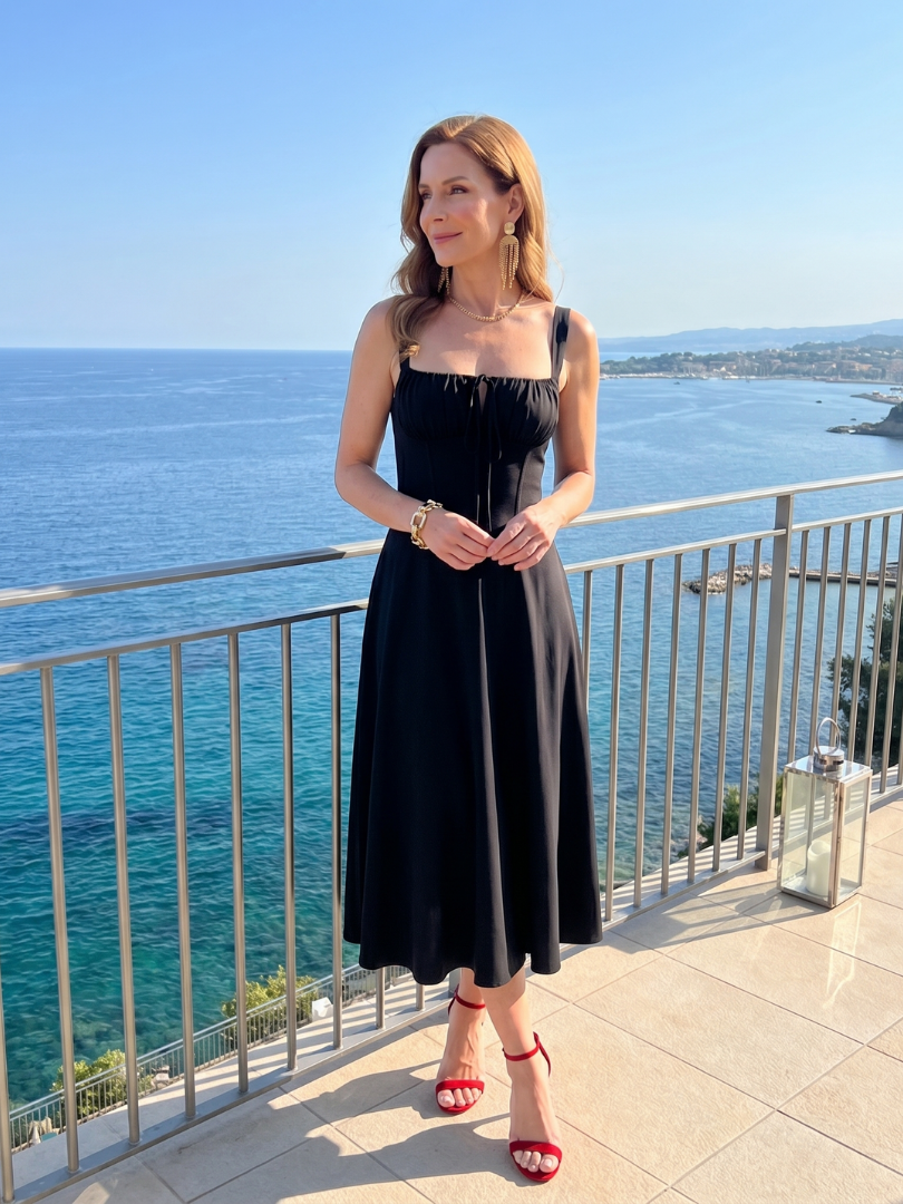Zenobia | Robe Midi à Bretelles Spaghetti avec Corps Froncé