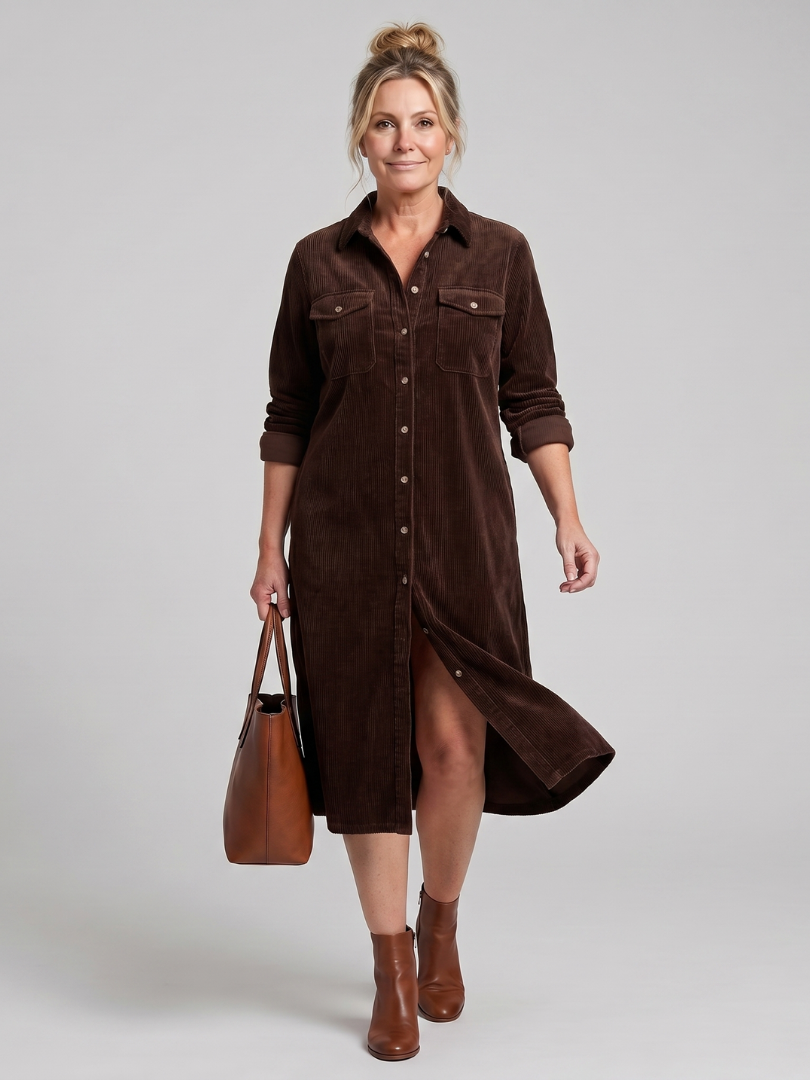 Pema | Robe Midi à Manches Longues avec Poches Patte