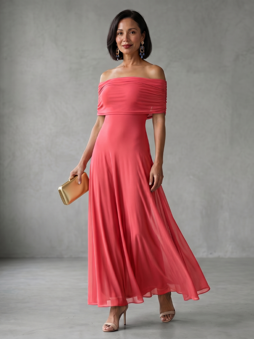 Juin | Robe Midi Drapée à Épaules Dégagées