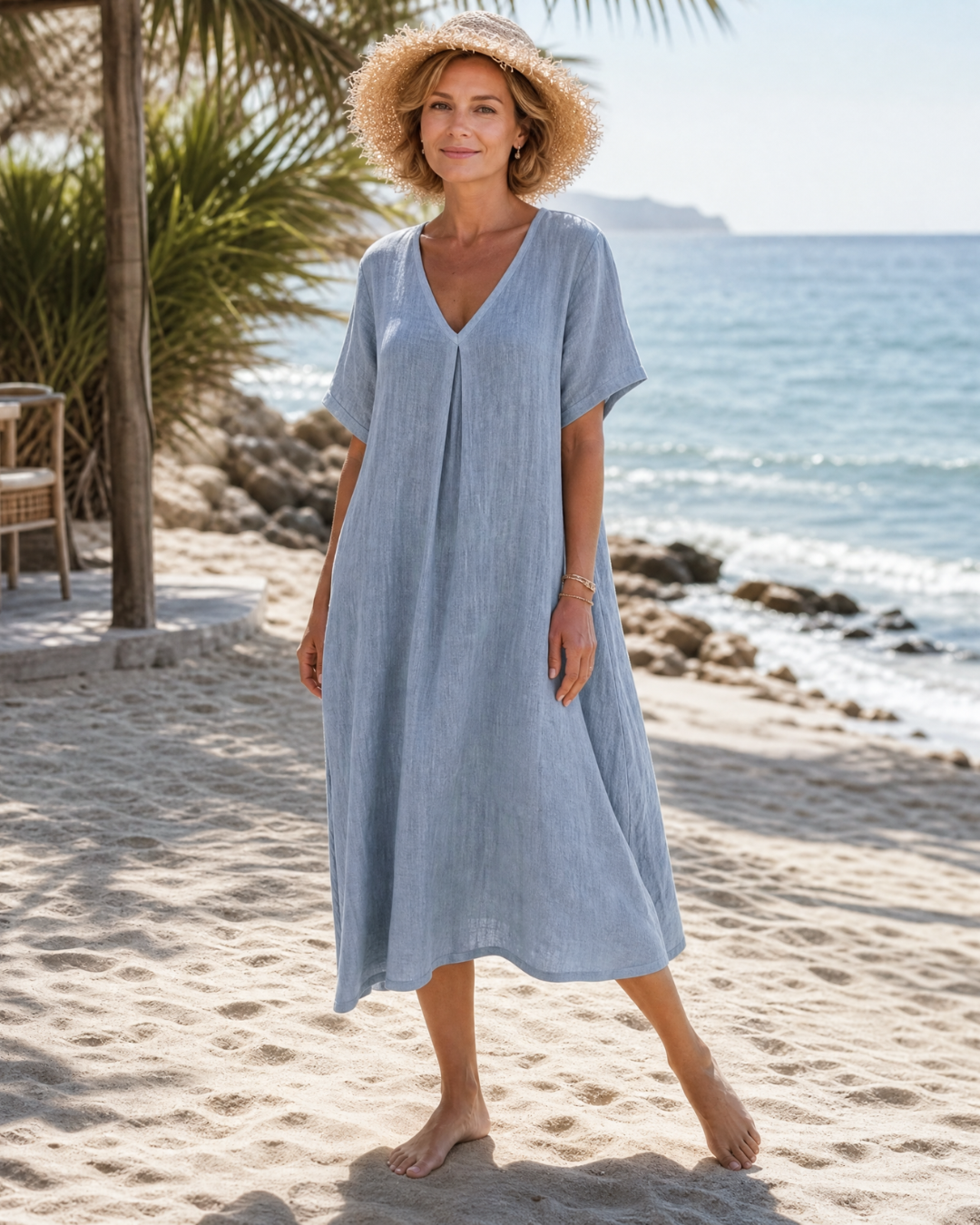 Thamal | Robe Midi Relaxed en Mélange de Coton Lavé à Col V