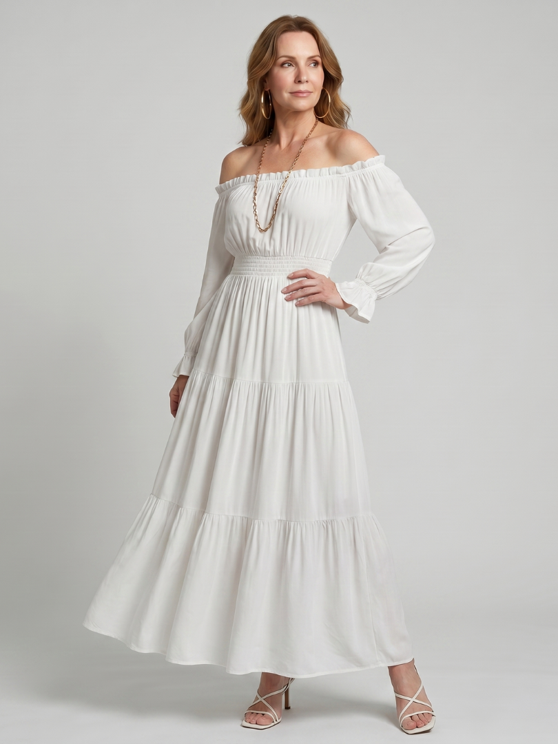 Anora | Robe Midi à Épaules Dénudées avec Fente Latérale