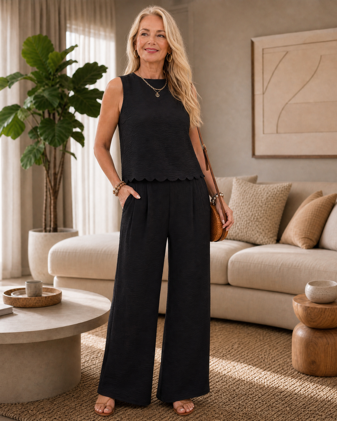 Avielle | Haut texturé à nouer et ensemble de pantalons à jambes larges