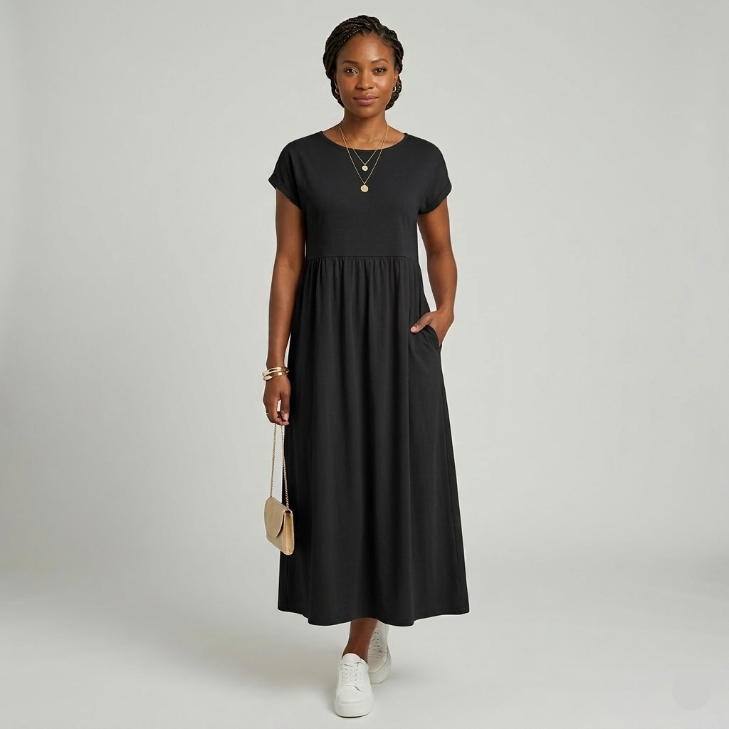 Robe Maxi Femme Élégante Manches Courtes Taille Haute Poches