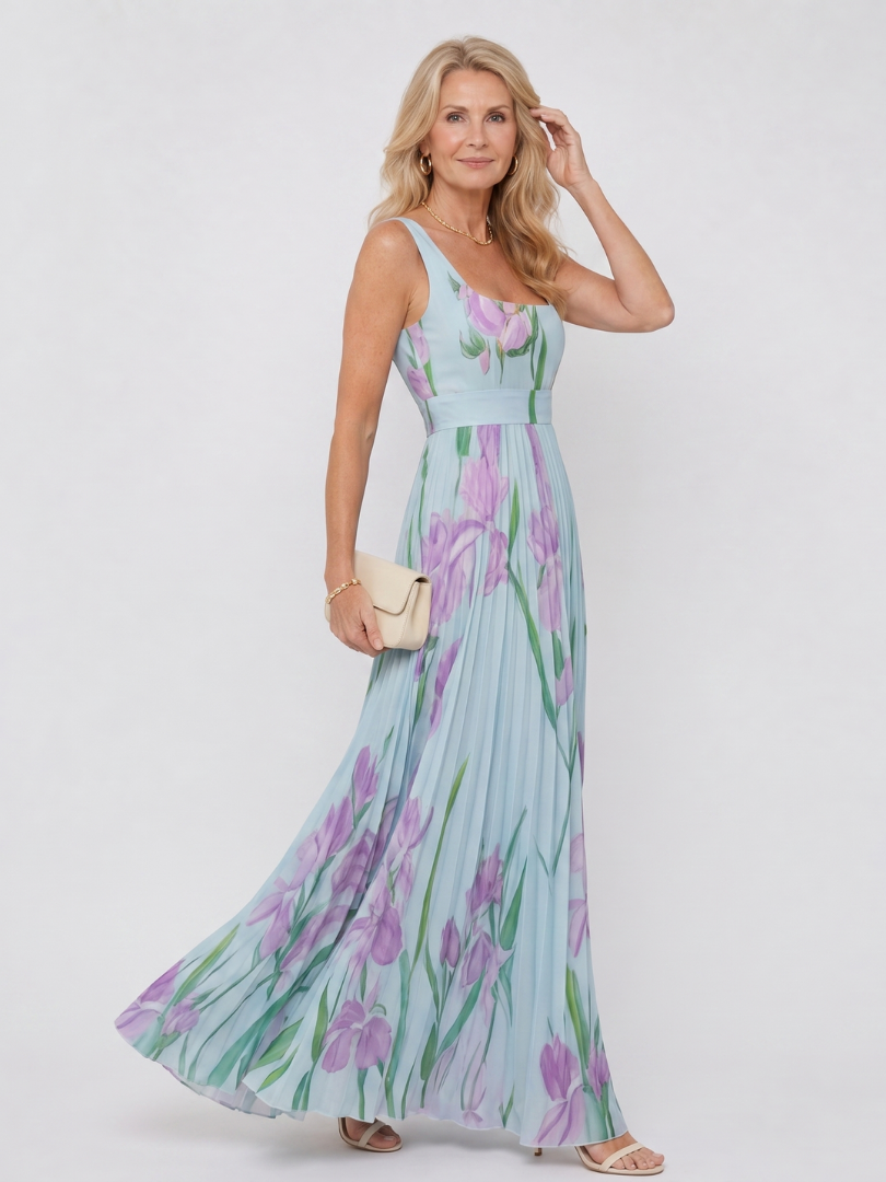 Vimele | Robe Midi Sans Manches à Encolure Carrée Plissée