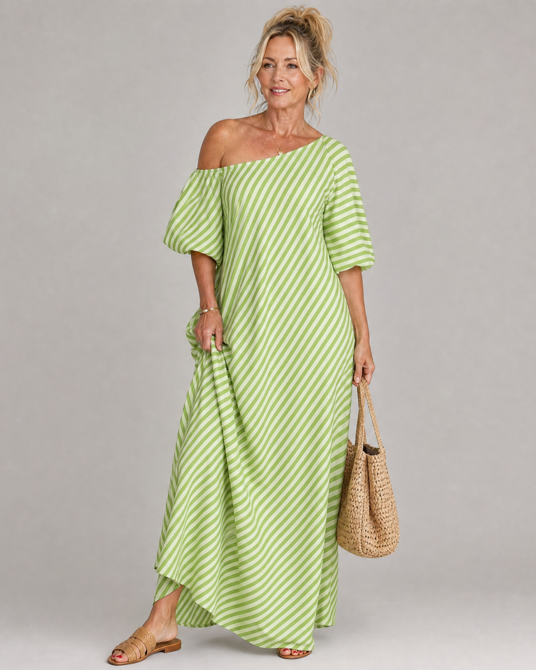 Zamrina | Robe Midi à Manches Bouffantes Rayée Décolleté Bardot