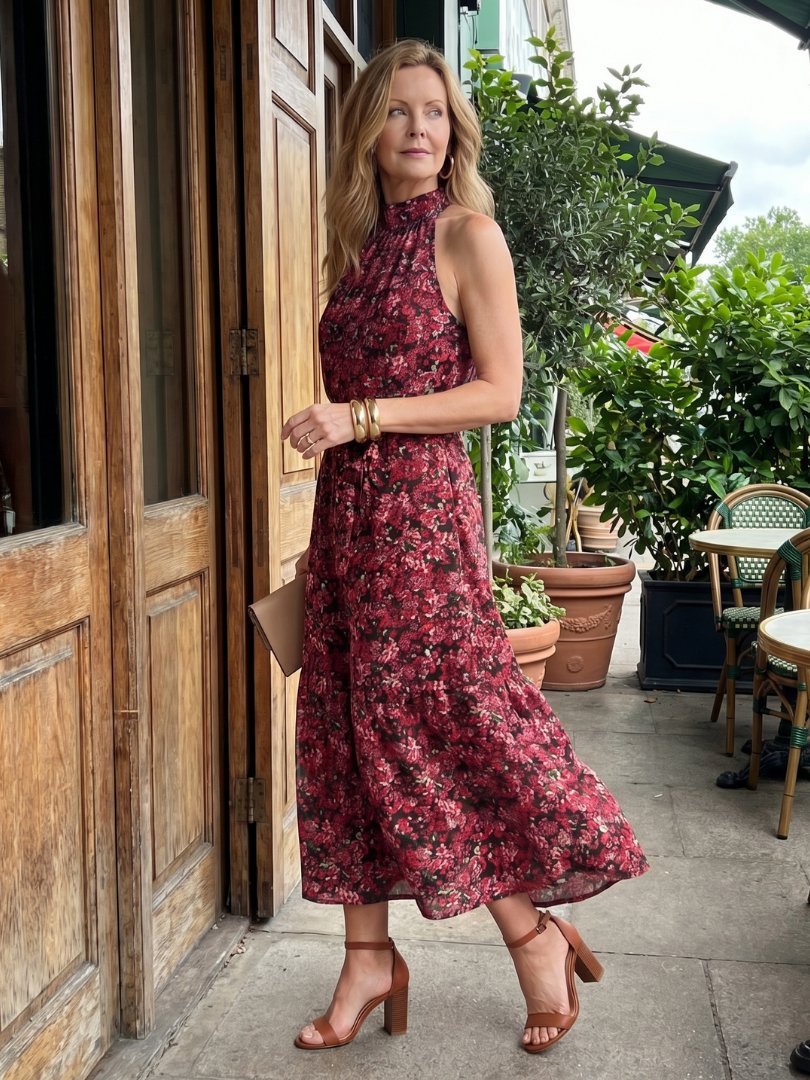 Anis | Robe Midi à Col Montant à Fleurs