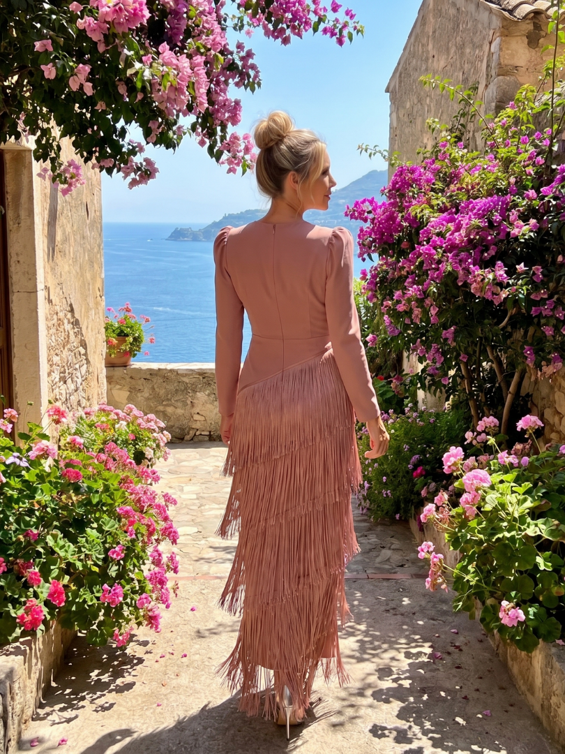 Samara | Robe Midi à Manches Longues avec Franges Douces
