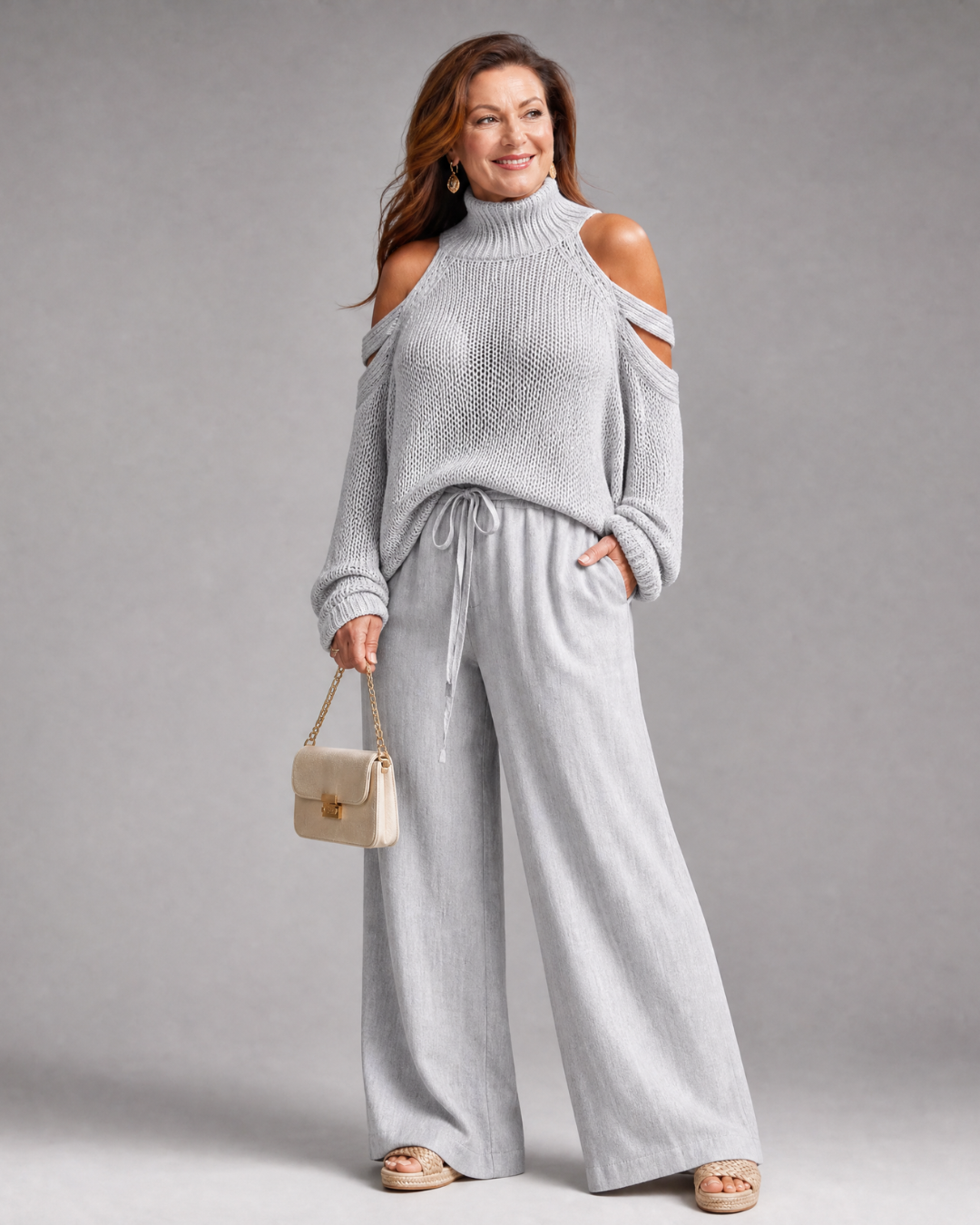 Elamen | Ensemble de pull en tricot à épaule dénudée et pantalon large