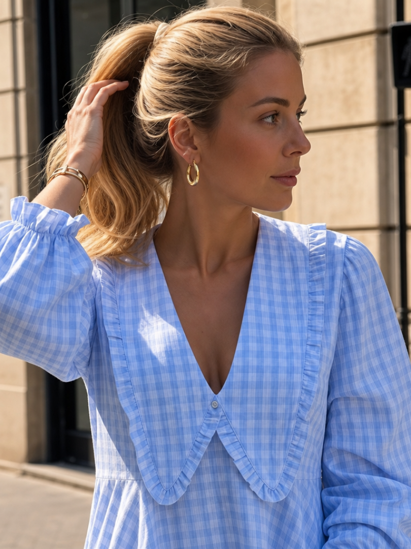 Peker | Robe Mini à Col Ruffle et Motif Vichy