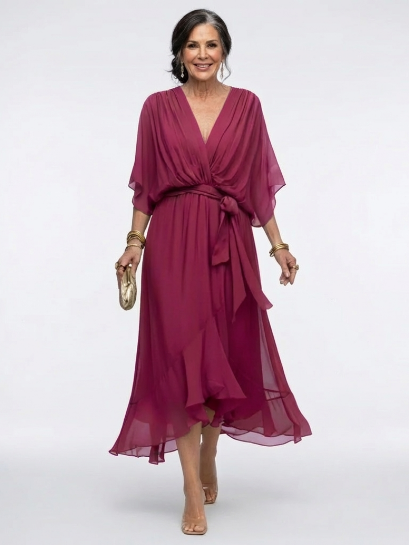 Elysia | Robe Midi Drapée à Décolleté en V avec Ceinture