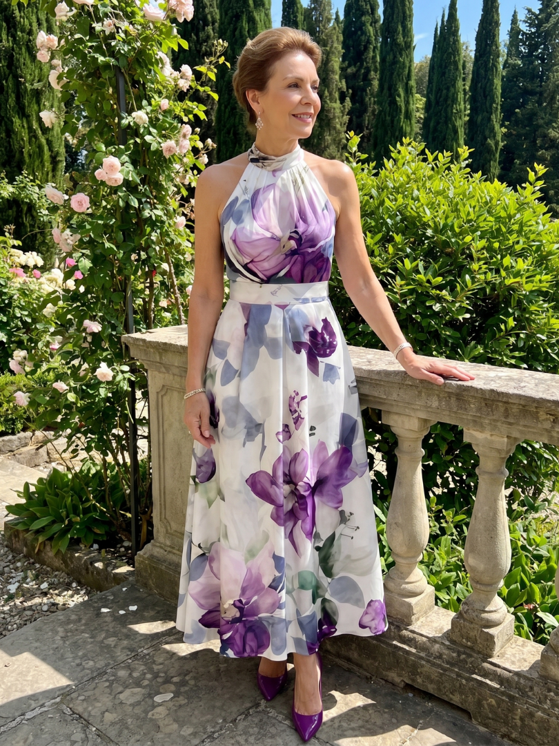 Omego | Robe Midi Fluide à Col Halter avec Motif Floral Aquarelle