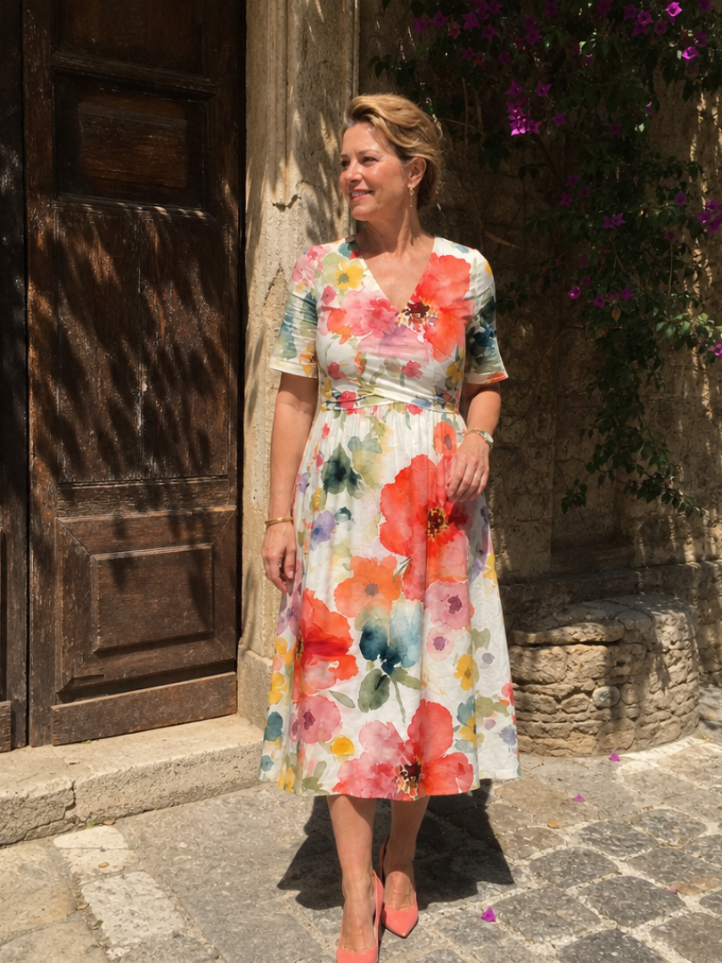 Corinne | Robe Midi à Imprimé Floral à Manches Courtes et Col V