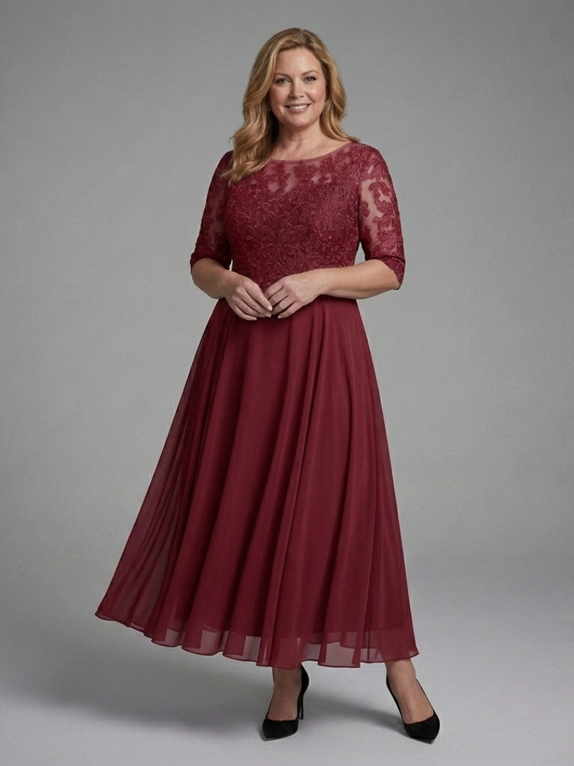 Olivine | Robe Midi à Corsage en Dentelle et Manches Transparentes