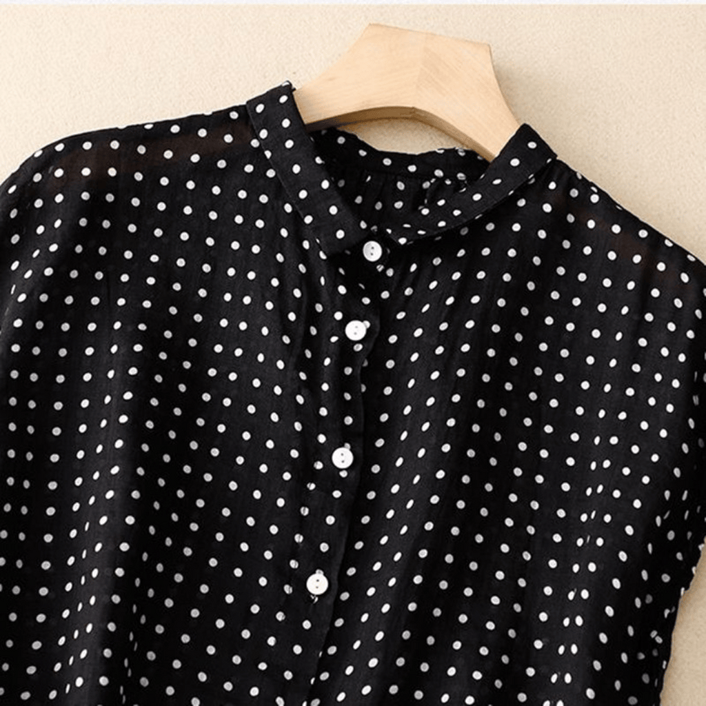 Chemise en Coton et Lin à Manches Courtes avec Imprimé à Pois pour Femme