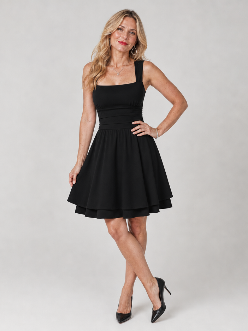 Celen | Robe Mini à Bretelles Carrées et Jupe Évasée