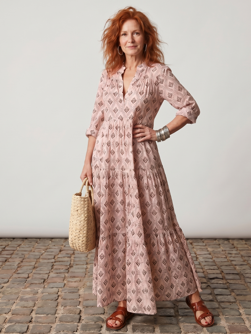 Junia | Robe Maxi Imprimée à Col Notch à Manches Longues