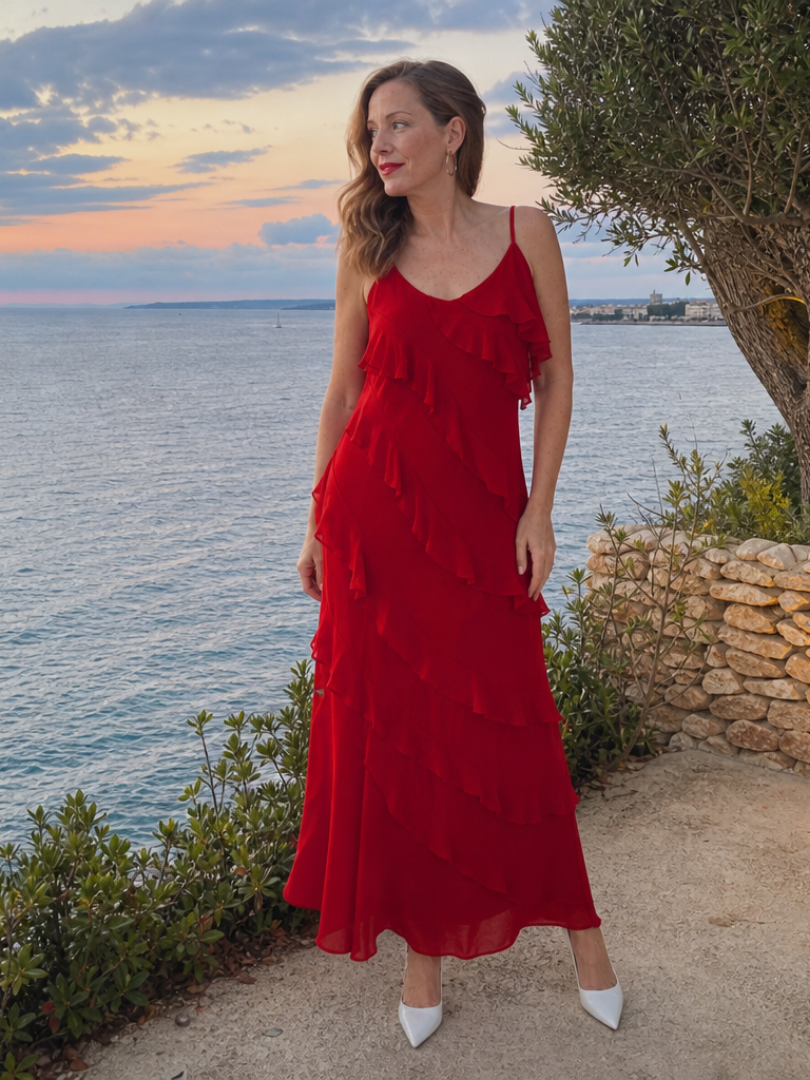Riper | Robe Maxi à Bretelles Spaghetti avec Détails de Volants Superposés
