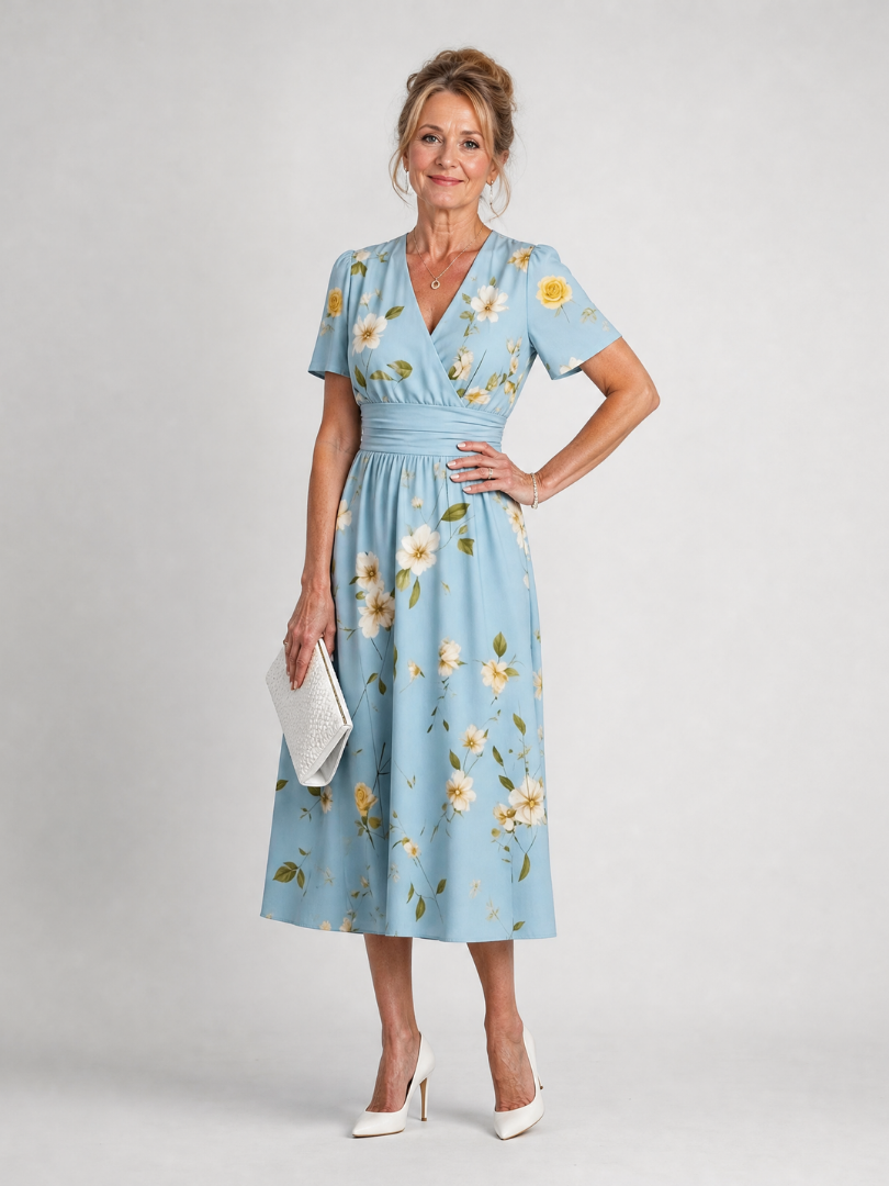 Marion | Robe Midi à Manches Courtes en Imprimé Floral