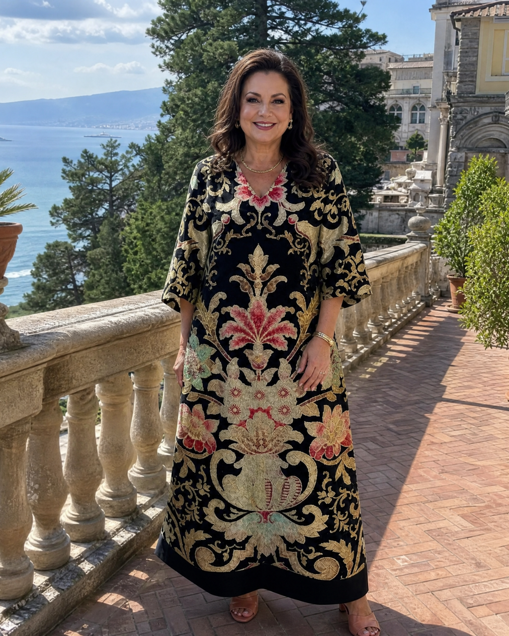 Thymera | Robe midi à détail de poche avec motif vintage vif