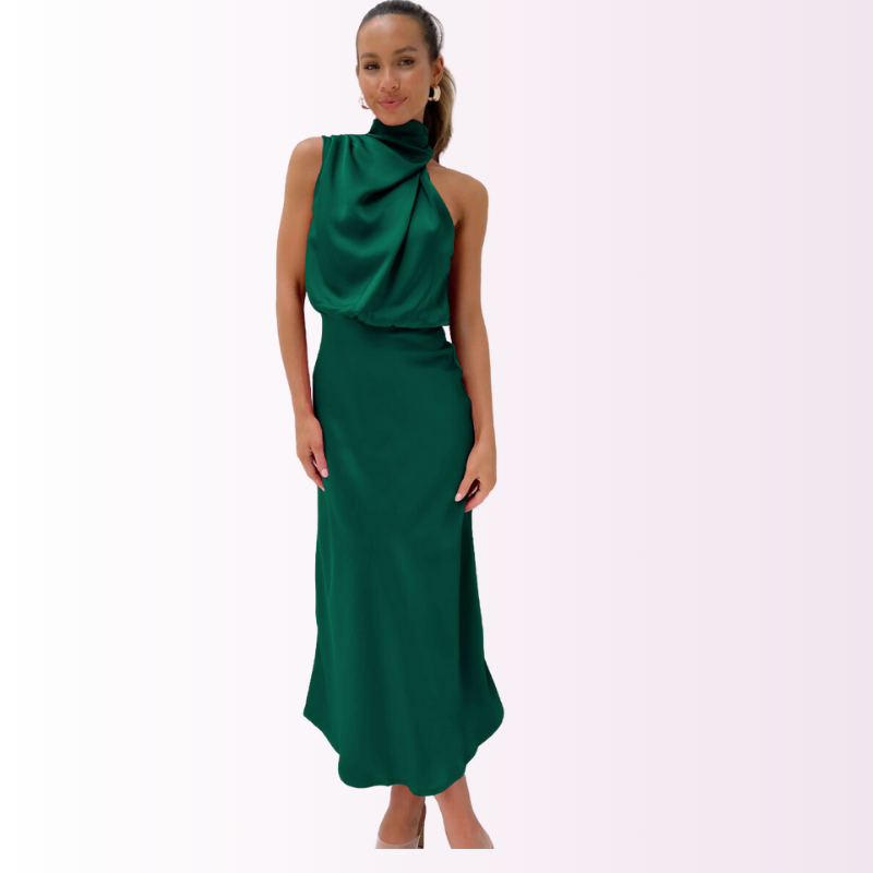 Robe de Soirée Longue en Satin Sans Manches avec Col Montant pour Femme