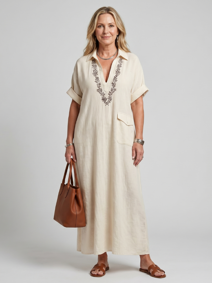 Calluna | Robe Midi à Manches Courtes en V avec Détails Brodés