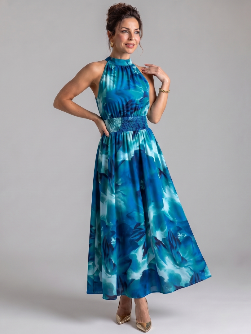 Olivia | Robe Midi à Taille Rassemblée Imprimé Abstrait